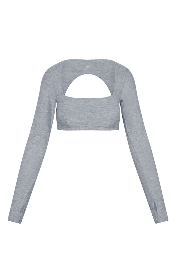Light gray long-sleeve cropped top with square neckline and large semicircular front cutout; thumbhole openings at cuffs.