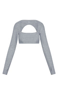 Light gray long-sleeve cropped top with square neckline and large semicircular front cutout; thumbhole openings at cuffs.