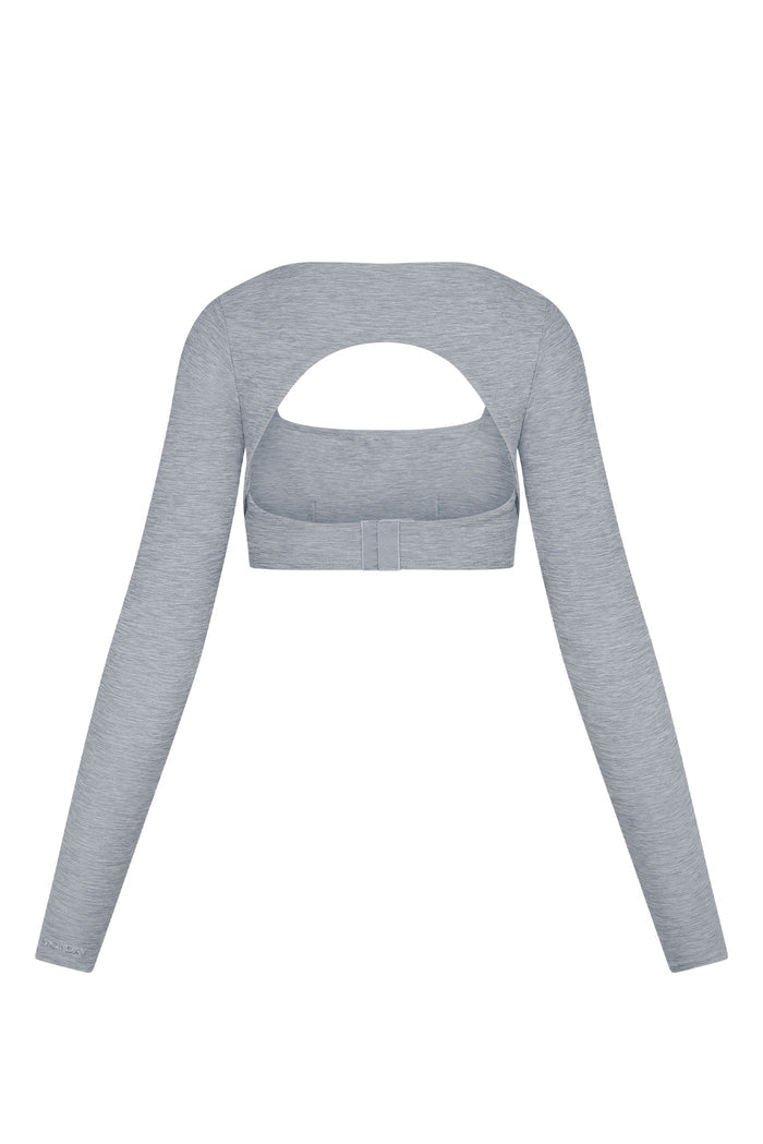 Gray cropped long-sleeve shrug with open semicircular back and built-in bra band with hook closure.