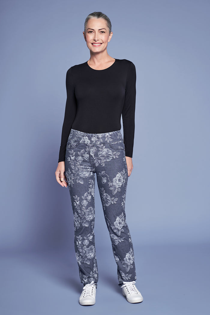 Bengajean Jacquard Full Length Straight Leg - Floral Denim