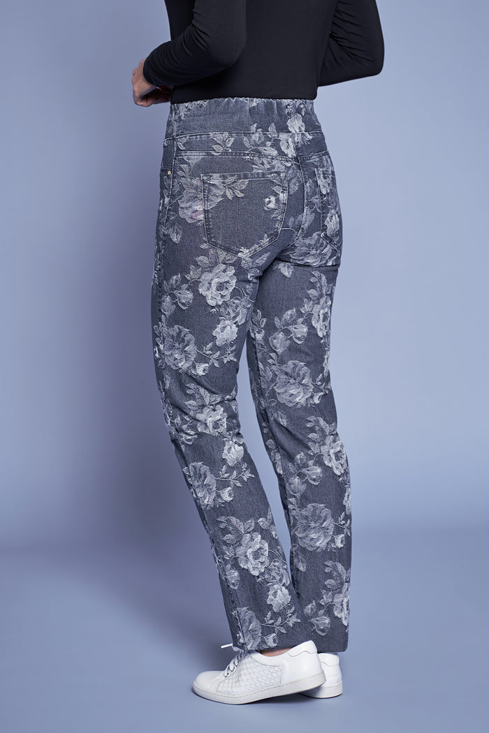 Bengajean Jacquard Full Length Straight Leg - Floral Denim