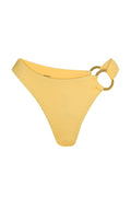 Yellow textured bikini bottom with gold ring detail at hip; "MONDAY" printed inside.