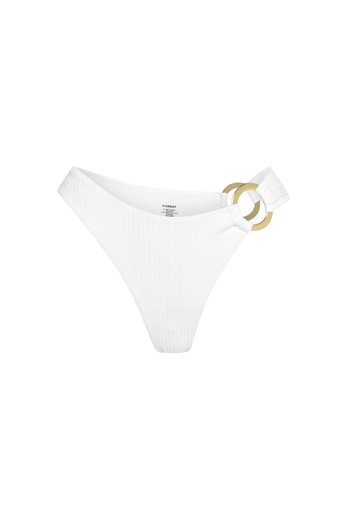 Front view of Bronte Bottom White Rib showing gold double-ring side detail, ribbed texture, high-cut leg on white background
