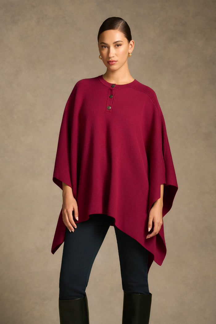 Button Detail Poncho - Wine