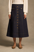 Button Front Denim Skirt - Dark Denim