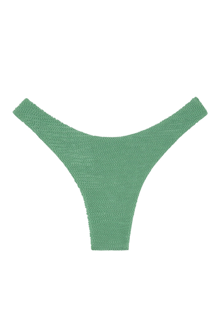 Flat lay of Byron Bottom in Pond Crinkle green showing crinkle textured fabric and high‑leg thong cut on white background