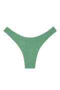 Flat lay of Byron Bottom in Pond Crinkle green showing crinkle textured fabric and high‑leg thong cut on white background
