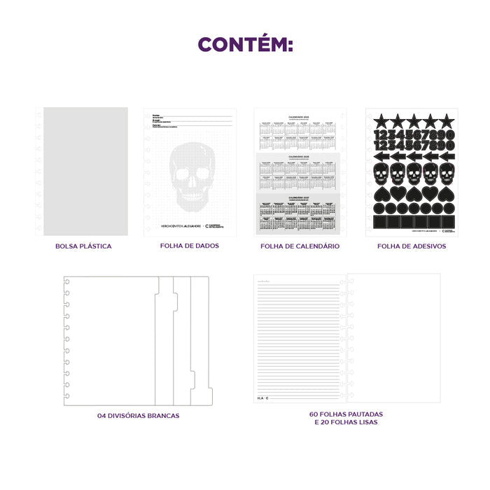 Itens que acompanham o Caderno White Ink.