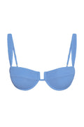 Front view of Cala Roja Top in Azure Crinkle showing balconette shape, crinkle texture, adjustable straps on white