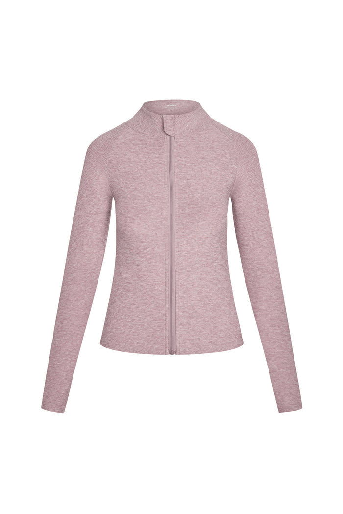 Women's heather-mauve long-sleeve zip jacket with mock neck and full front zipper