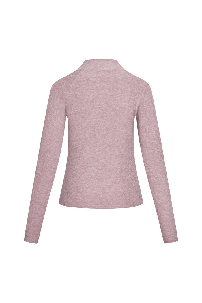 Back view of Cambria Jacket in Heather Mauve showcasing long raglan sleeves and slim fit on white background