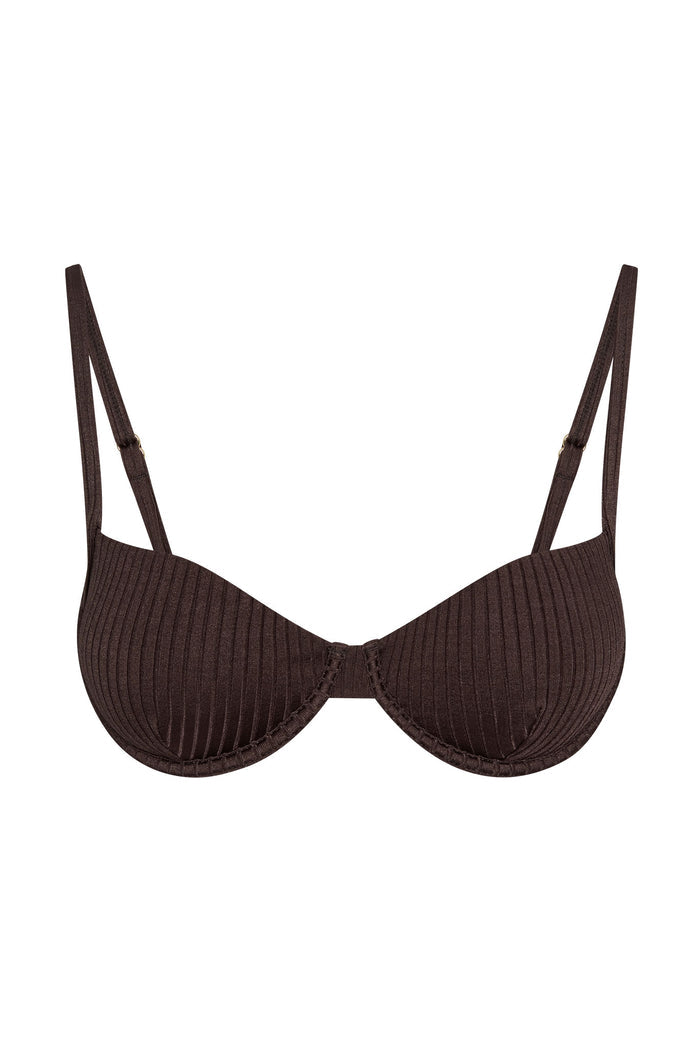 Front view of Capri Top in Espresso Wide Rib with underwire cups, ribbed fabric and adjustable straps on white background