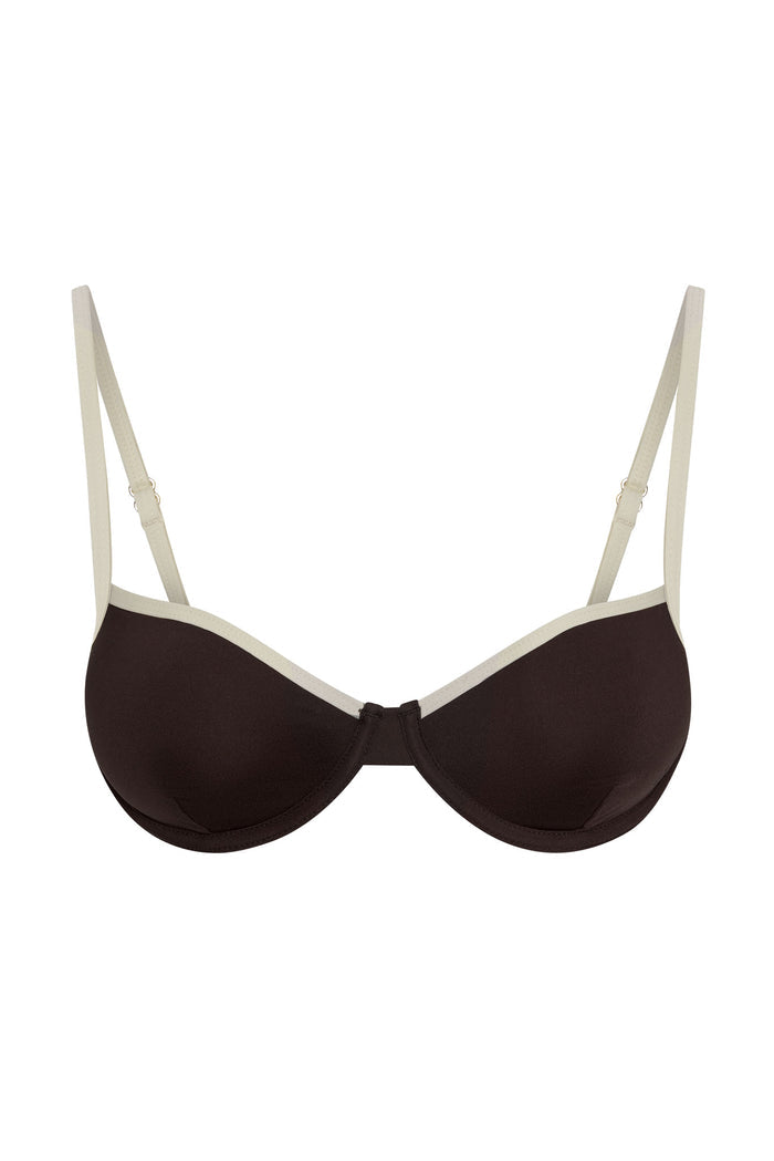 Front view of Capri Top in espresso and ivory showcasing underwire cups and adjustable straps on a white background