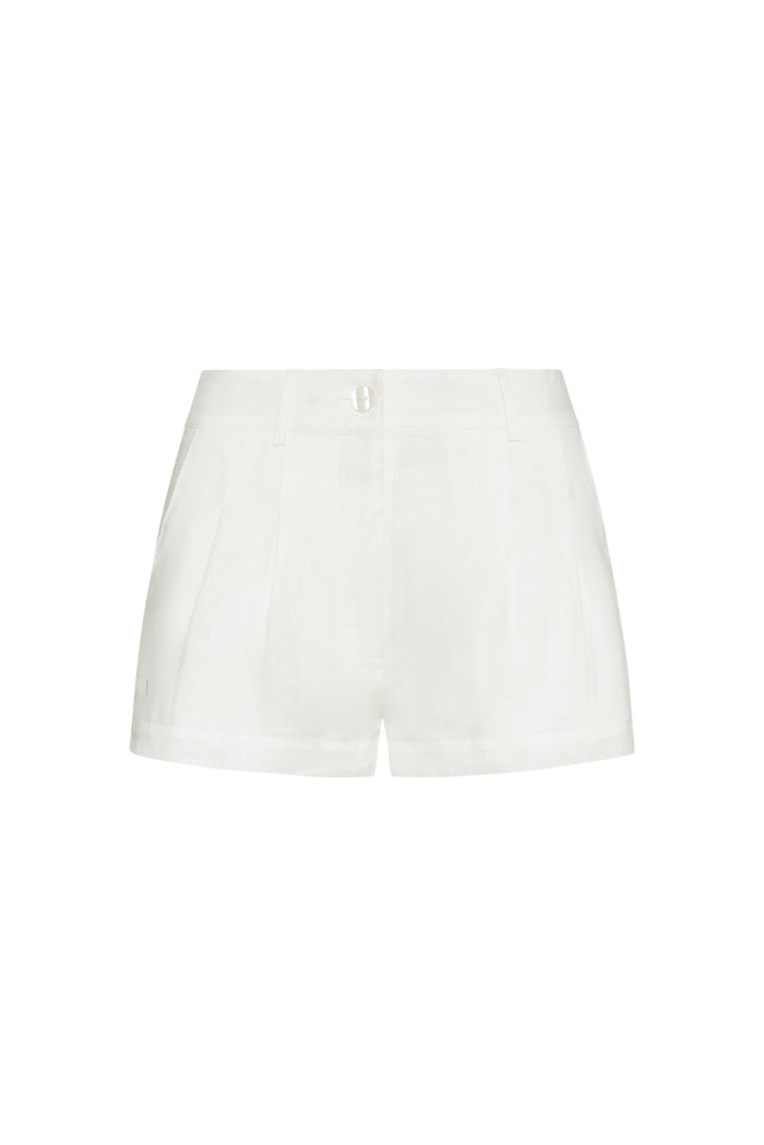 Front view of Casablanca Short in white linen showing front pleats, belt loops, side pockets, and button-and-zip closure