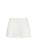 Front view of Casablanca Short in white linen showing front pleats, belt loops, side pockets, and button-and-zip closure