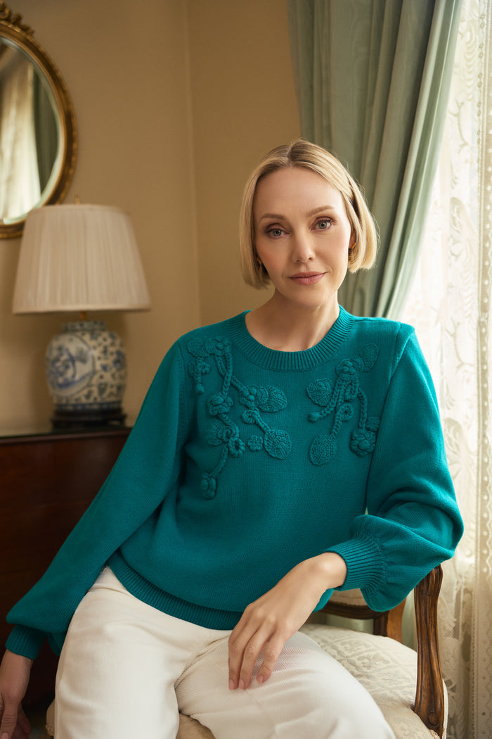 Cascading Appliqué Knit - Teal Green