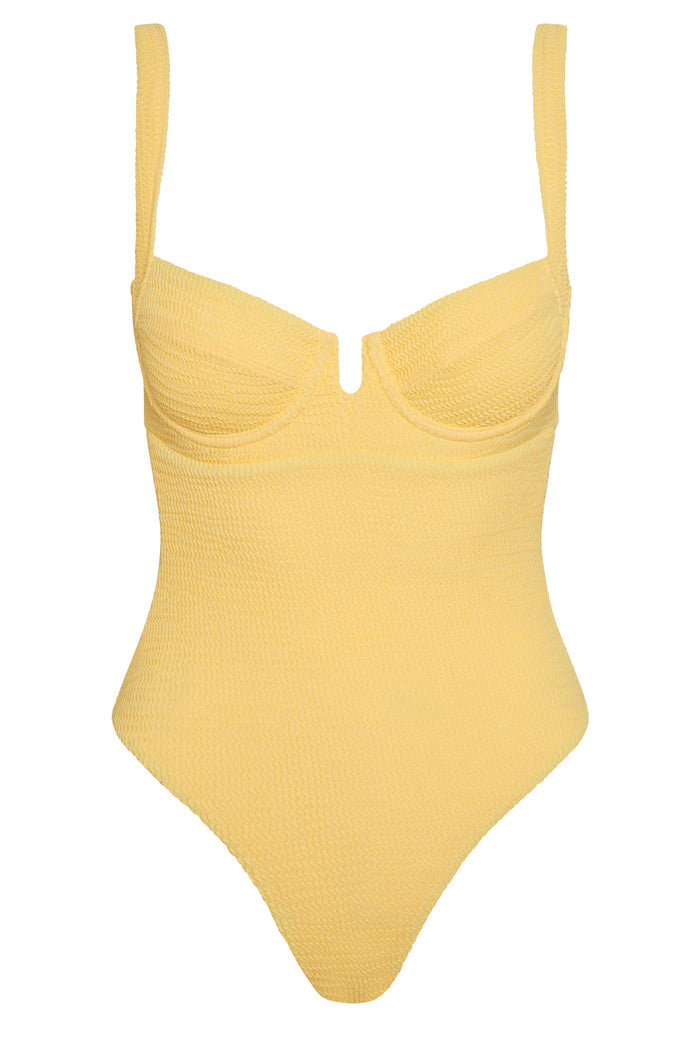 Front view of Clovelly One Piece in Honey Crinkle showing underwire sweetheart bust, V‑notch and textured crinkle fabric on white background