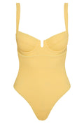 Front view of Clovelly One Piece in Honey Crinkle showing underwire sweetheart bust, V‑notch and textured crinkle fabric on white background