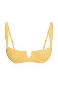 Front close-up of Clovelly Top in Honey Crinkle showing underwire V‑notch, crinkle texture and adjustable straps