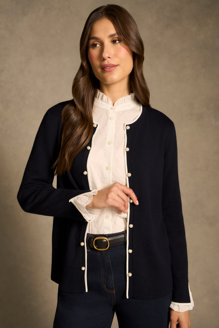 Contrast Rib Cardigan - French Navy / White
