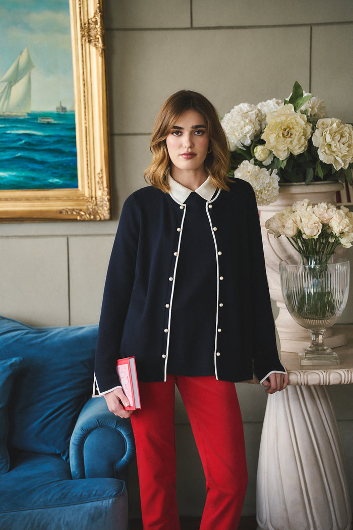 Contrast Rib Cardigan - French Navy / White