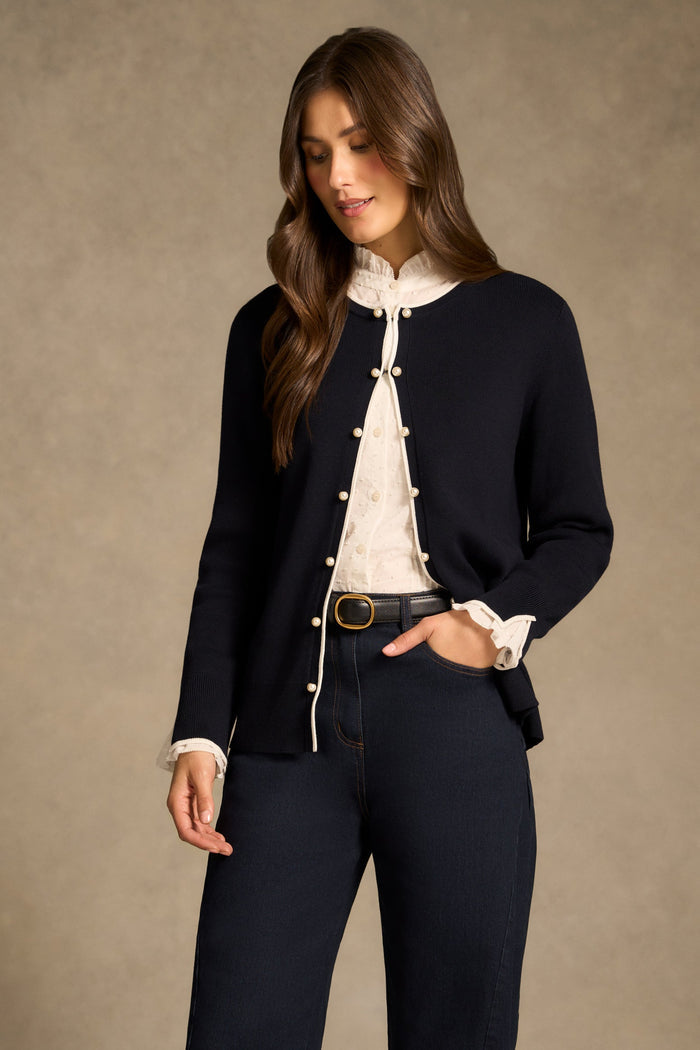 Contrast Rib Cardigan - French Navy / White
