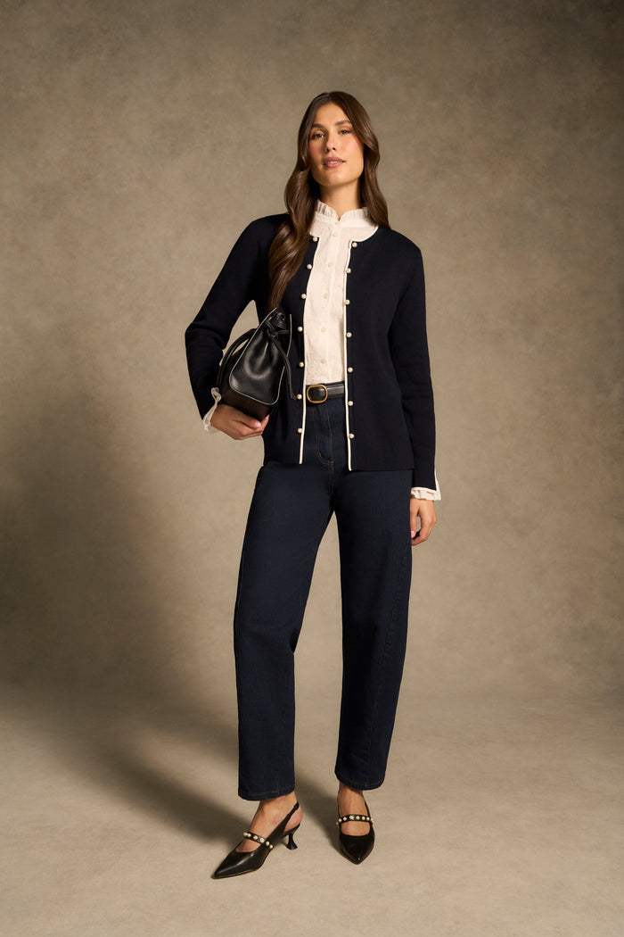 Contrast Rib Cardigan - French Navy / White