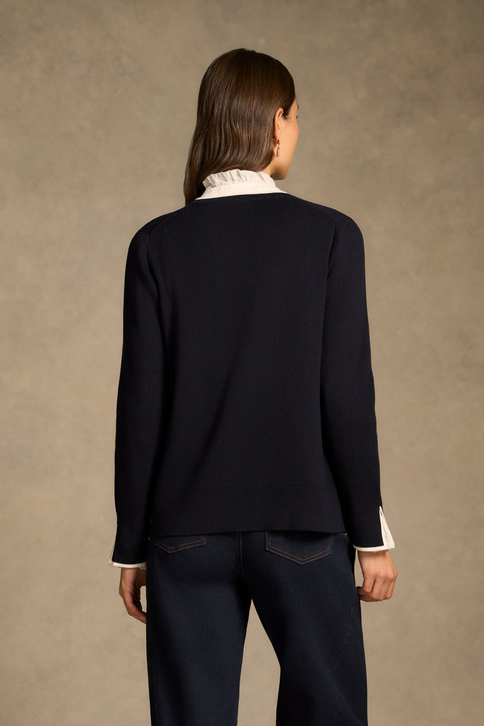 Contrast Rib Cardigan - French Navy / White