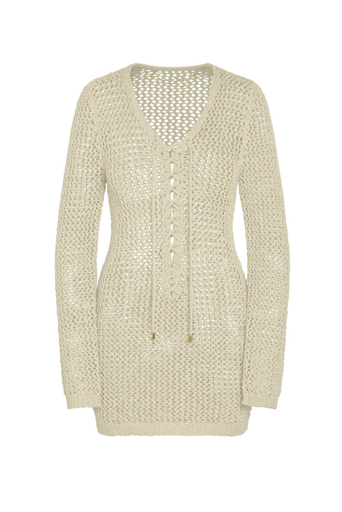 Front of Corossol Mini Dress in Ivory Petit Crochet, open-knit V-neck with lace-up tie and long sleeves on white background
