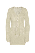 Front of Corossol Mini Dress in Ivory Petit Crochet, open-knit V-neck with lace-up tie and long sleeves on white background