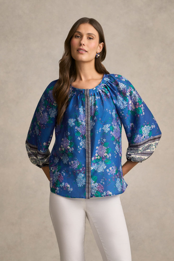 Cotton Silk Blouse - Blooms Border Print