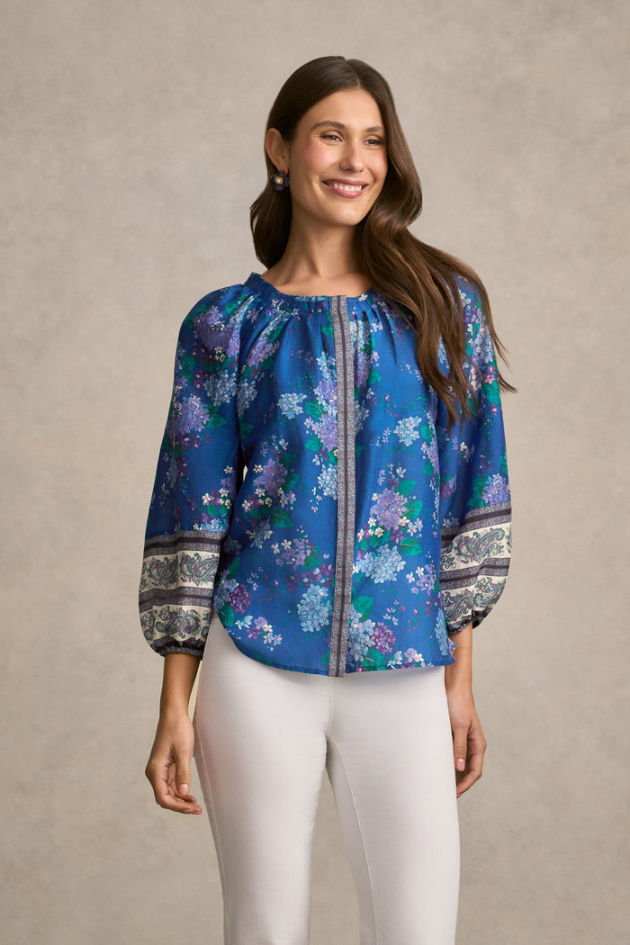 Cotton Silk Blouse - Blooms Border Print
