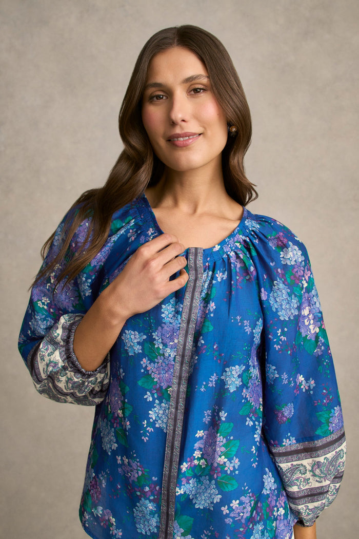 Cotton Silk Blouse - Blooms Border Print