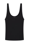 Front view of Devin Tank Long in Black Lightweight Rib showing scoop neckline, ribbed texture, and fitted silhouette on white background