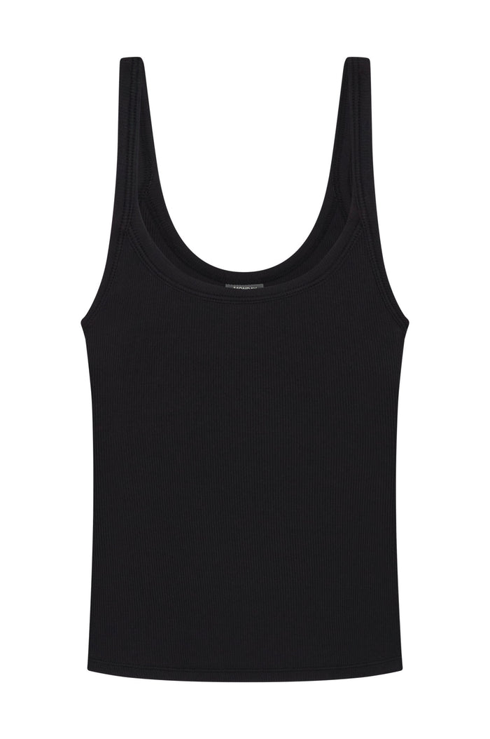 Front view of Devin Tank Long in Black Lightweight Rib showing scoop neckline, ribbed texture, and fitted silhouette on white background