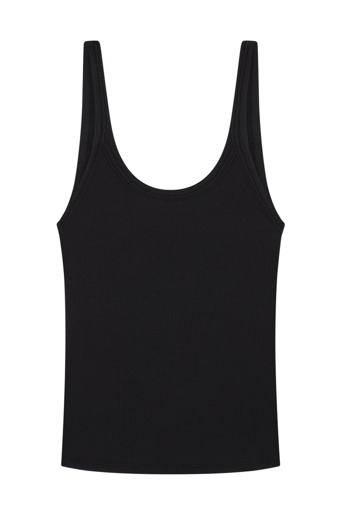 Front view of Devin Tank Long in Black Lightweight Rib showcasing scoop neckline, thin straps, and ribbed texture on white background