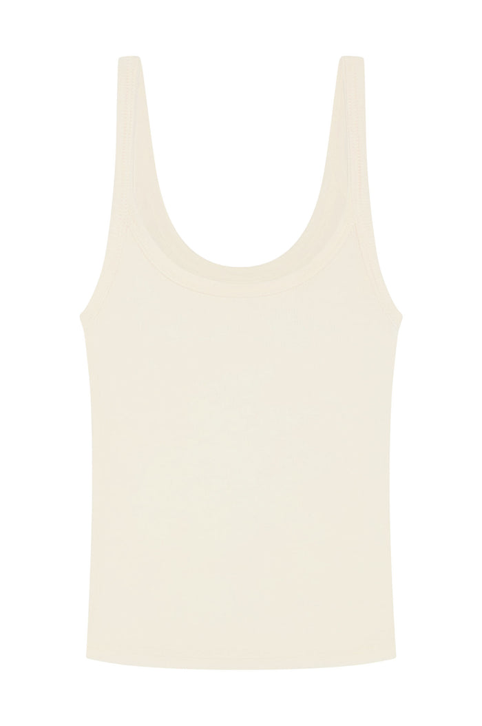 Front view of Devin Tank Long tank top showing scoop neckline and lightweight ivory rib texture on white background