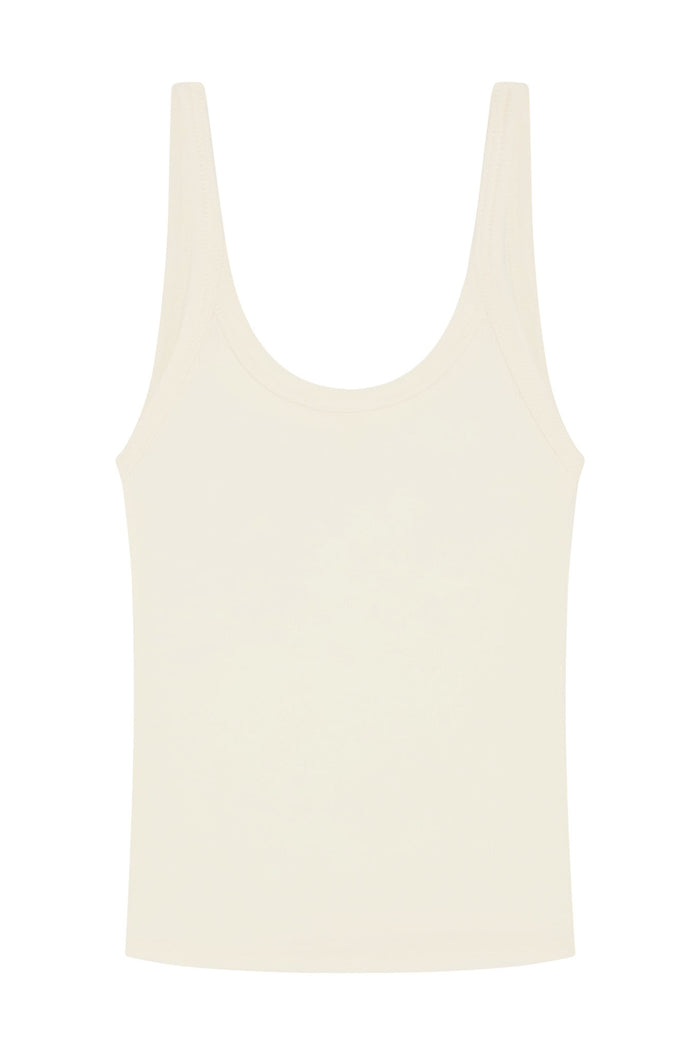 Front view of Devin Tank Long in Ivory Lightweight Rib showing scoop neckline and lightweight rib texture on white background