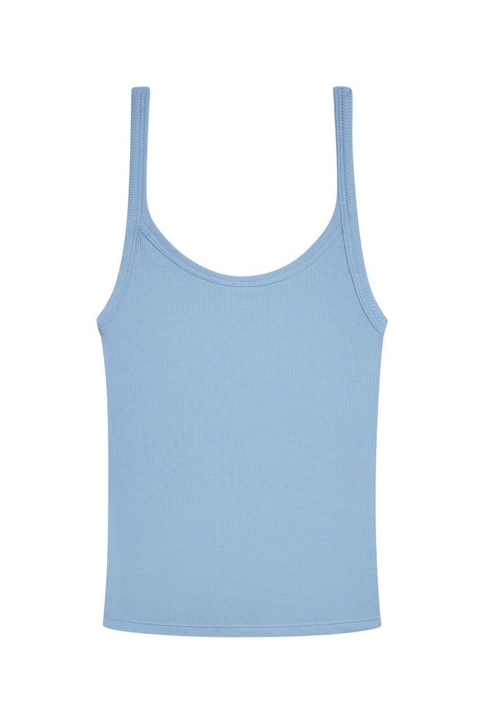 Front view of Devin Tank Long in sky blue showing scoop neckline and thin rib texture on white background