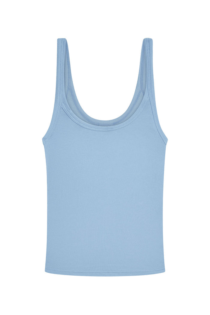 Front view of Devin Tank Long in Sky Lightweight Rib showing scoop neckline and lightweight rib texture on white background