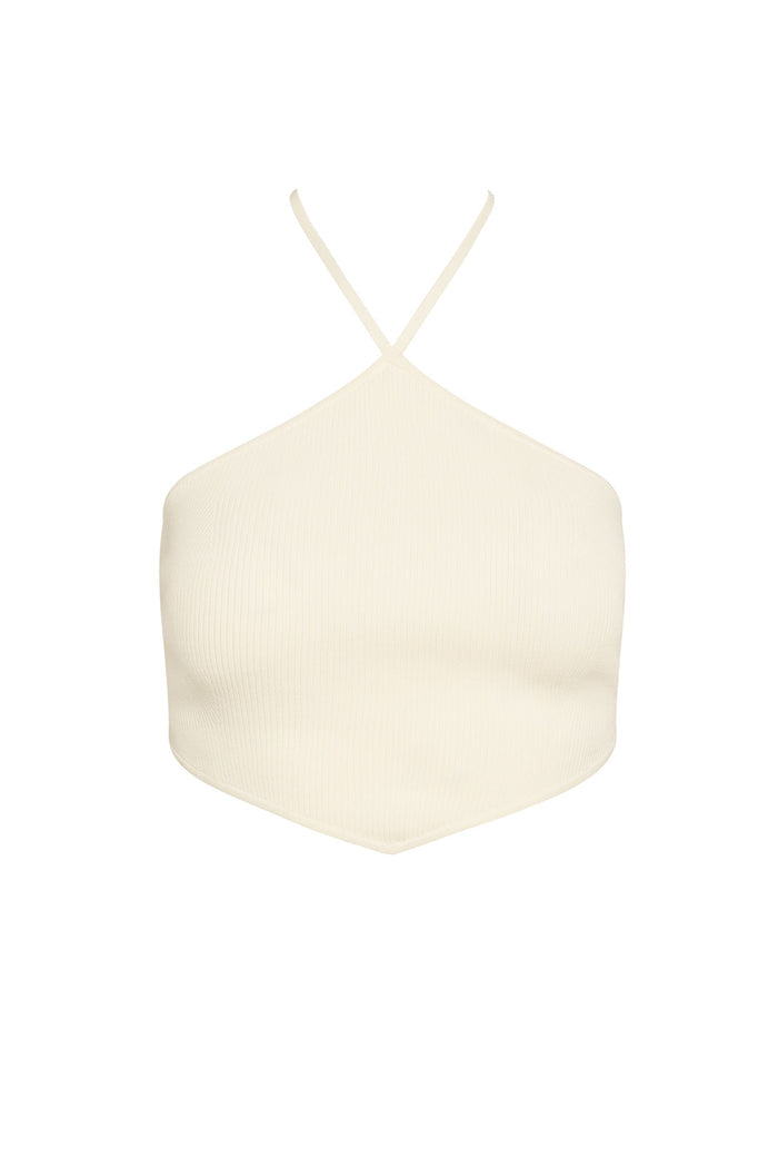 Cream ribbed halter-neck crop top with crossed thin straps and pointed pointed hem