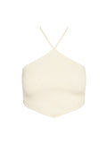 Cream ribbed halter-neck crop top with crossed thin straps and pointed pointed hem