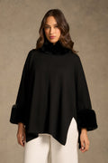 Faux Fur Trim Poncho - Black