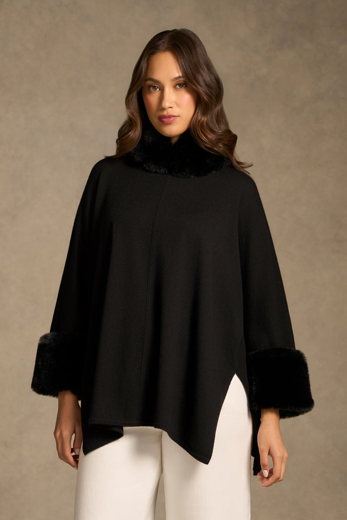 Faux Fur Trim Poncho - Black