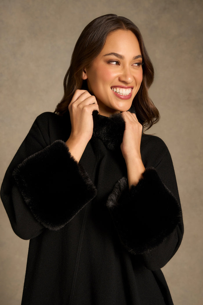 Faux Fur Trim Poncho - Black