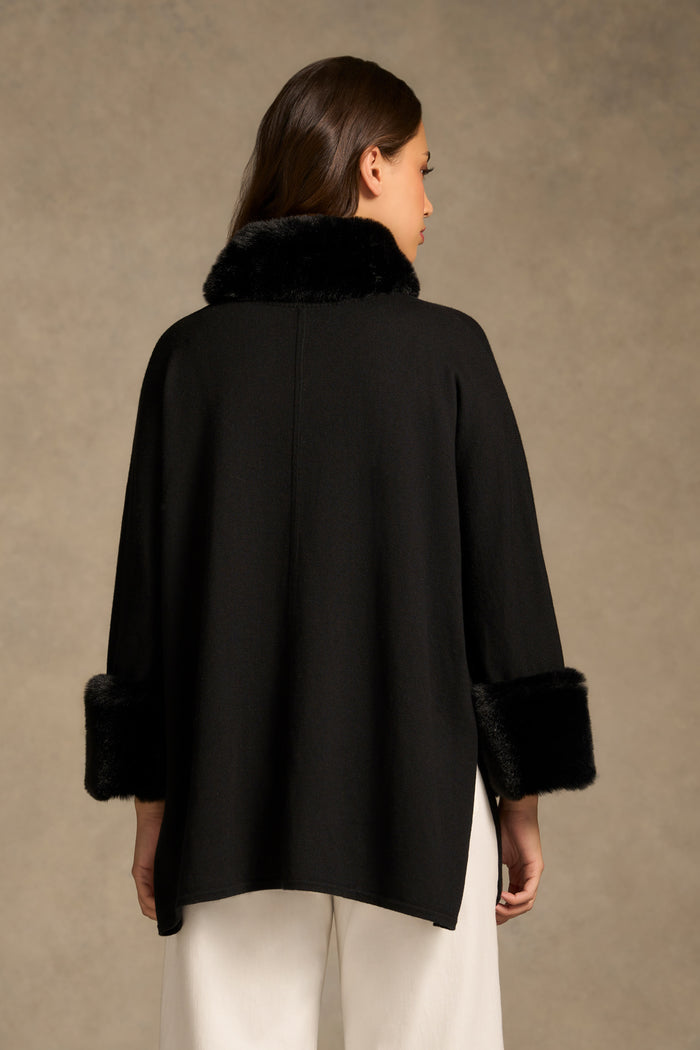 Faux Fur Trim Poncho - Black