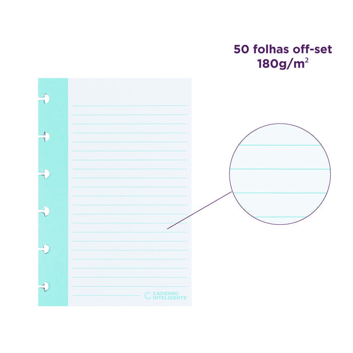 Detalhes das fichas pautadas verticais: 50 folhas off-set, 180 gramas por metro quadrado.