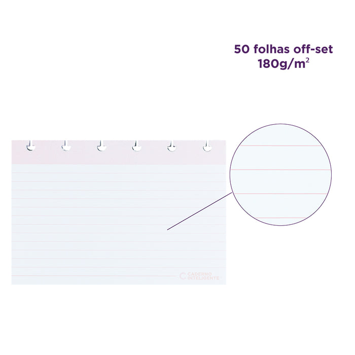 Detalhes das fichas pautadas: 50 folhas off-set, 180 gramas por metro quadrado.