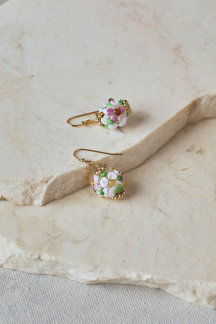 Floral Bead Earrings – White