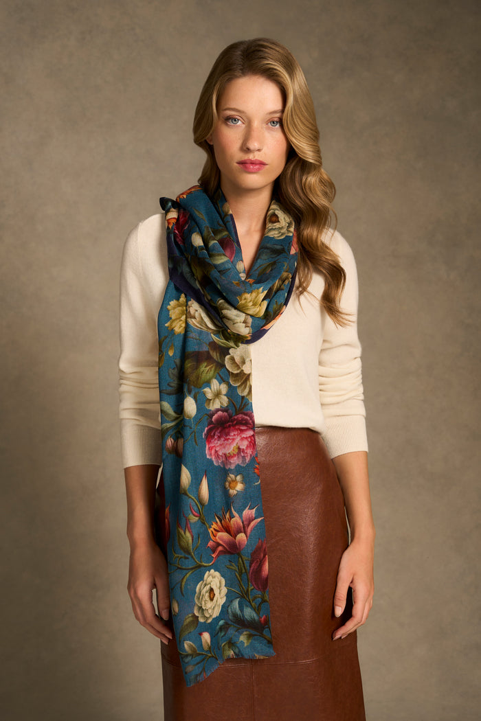 Floral Printed Wool Scarf - Multicolour